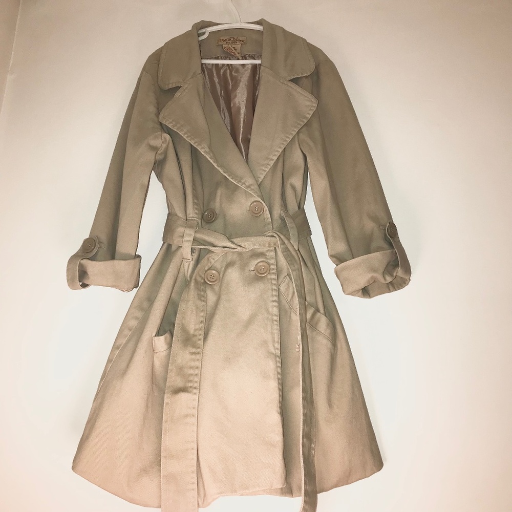 Y2K Vintage Paris Blues Tan Trench Coat Belted Double Breasted Khaki Jacket S